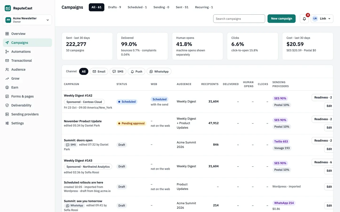 The Campaigns list with the New campaign button at the top right, delivery numbers for the last 30 days and each campaign's status.