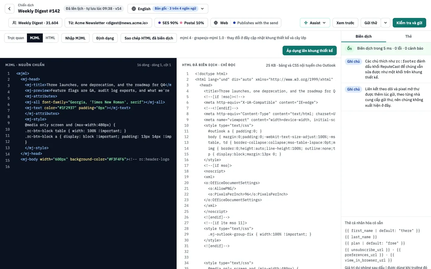 Chế độ MJML: mã nguồn MJML ở bên trái, HTML đã biên dịch ở bên phải, và bảng Biên dịch báo thời gian biên dịch, lỗi và cảnh báo.