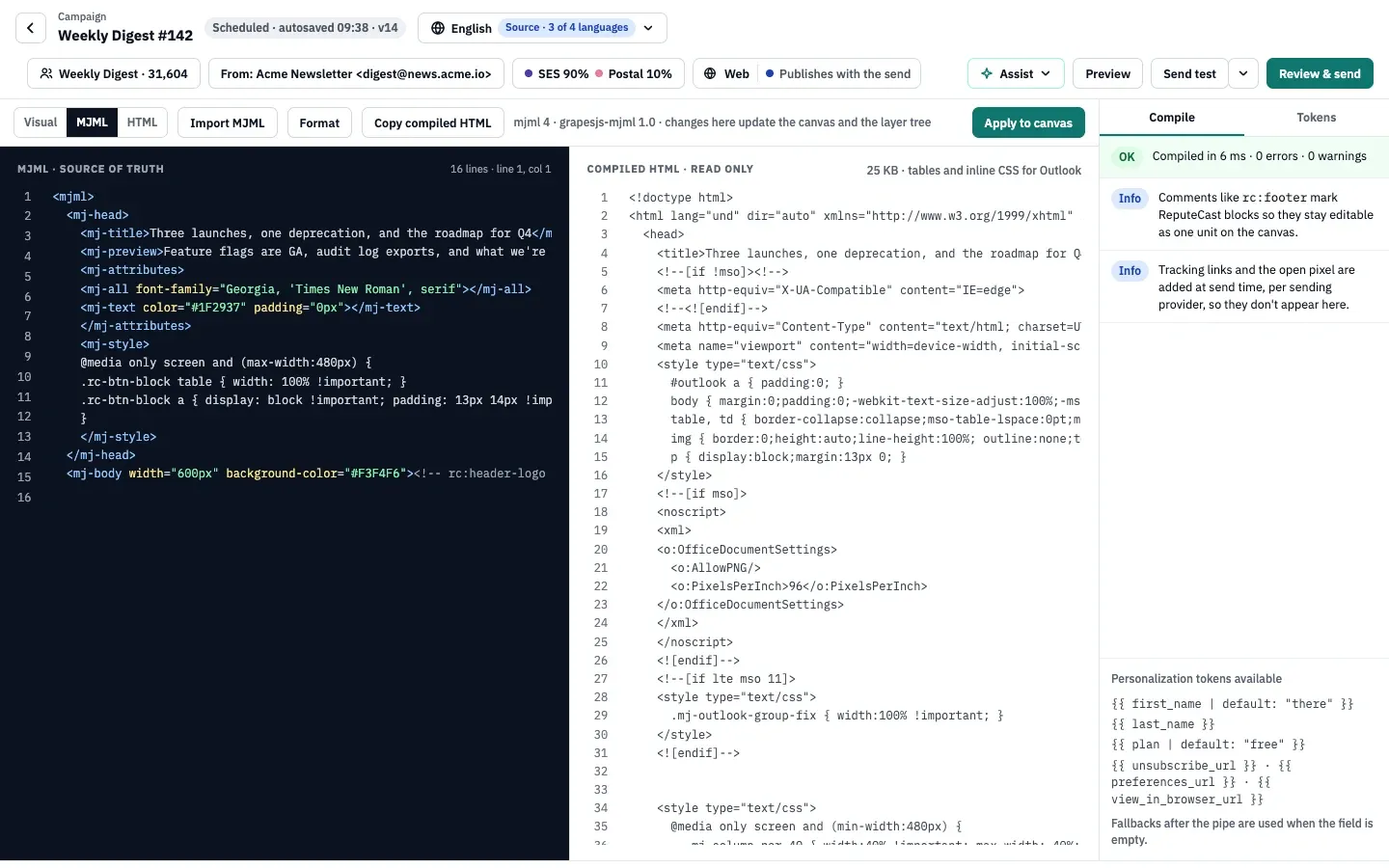 The MJML view: the MJML source on the left, the compiled HTML on the right, and the Compile panel reporting the compile time, errors and warnings.