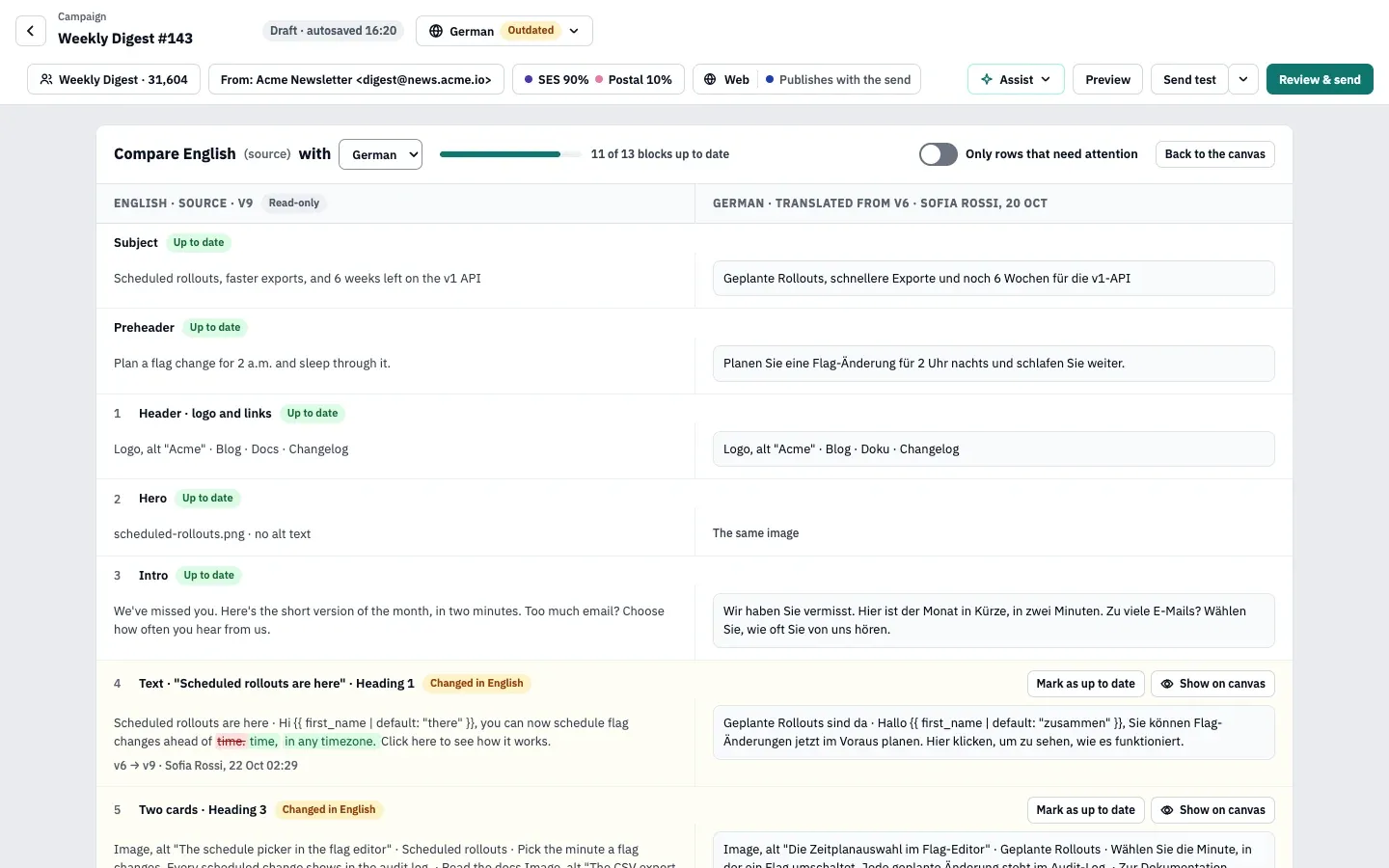 The compare view: English source on the left, German on the right, 11 of 13 blocks up to date, and two text blocks tagged Changed in English with Mark as up to date and Show on canvas buttons.