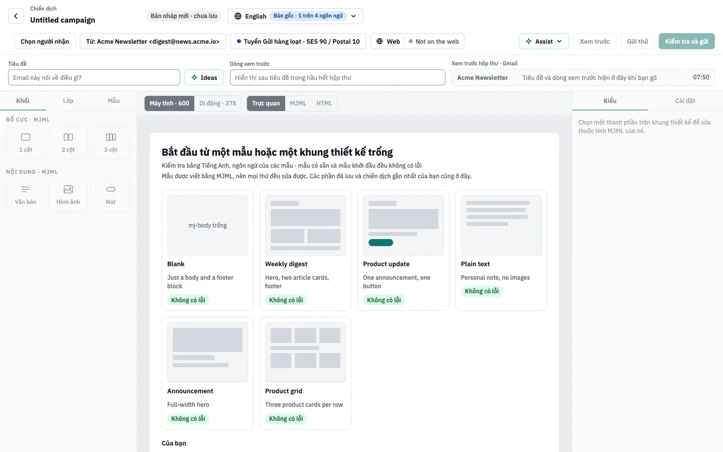Thư viện mẫu của một bản nháp mới: Blank, Weekly digest, Product update, Plain text, Announcement và Product grid, tiếp theo là hàng Của bạn với các mẫu đã lưu, bản sao của chiến dịch đã gửi gần nhất và ô Nhập MJML hoặc HTML.