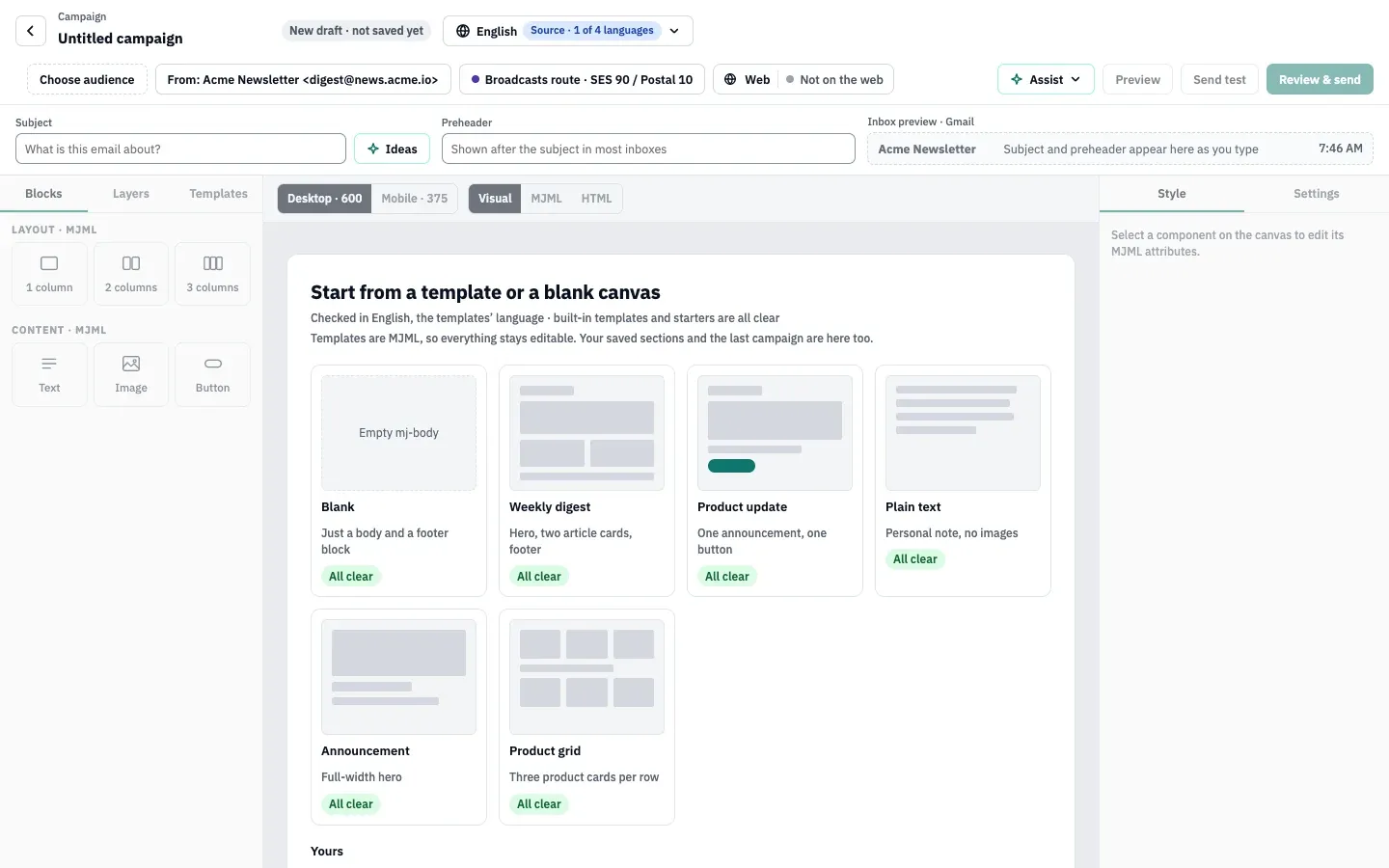The template gallery of a new draft: Blank, Weekly digest, Product update, Plain text, Announcement and Product grid, then the Yours row with saved templates, a copy of the last sent campaign and Import MJML or HTML.