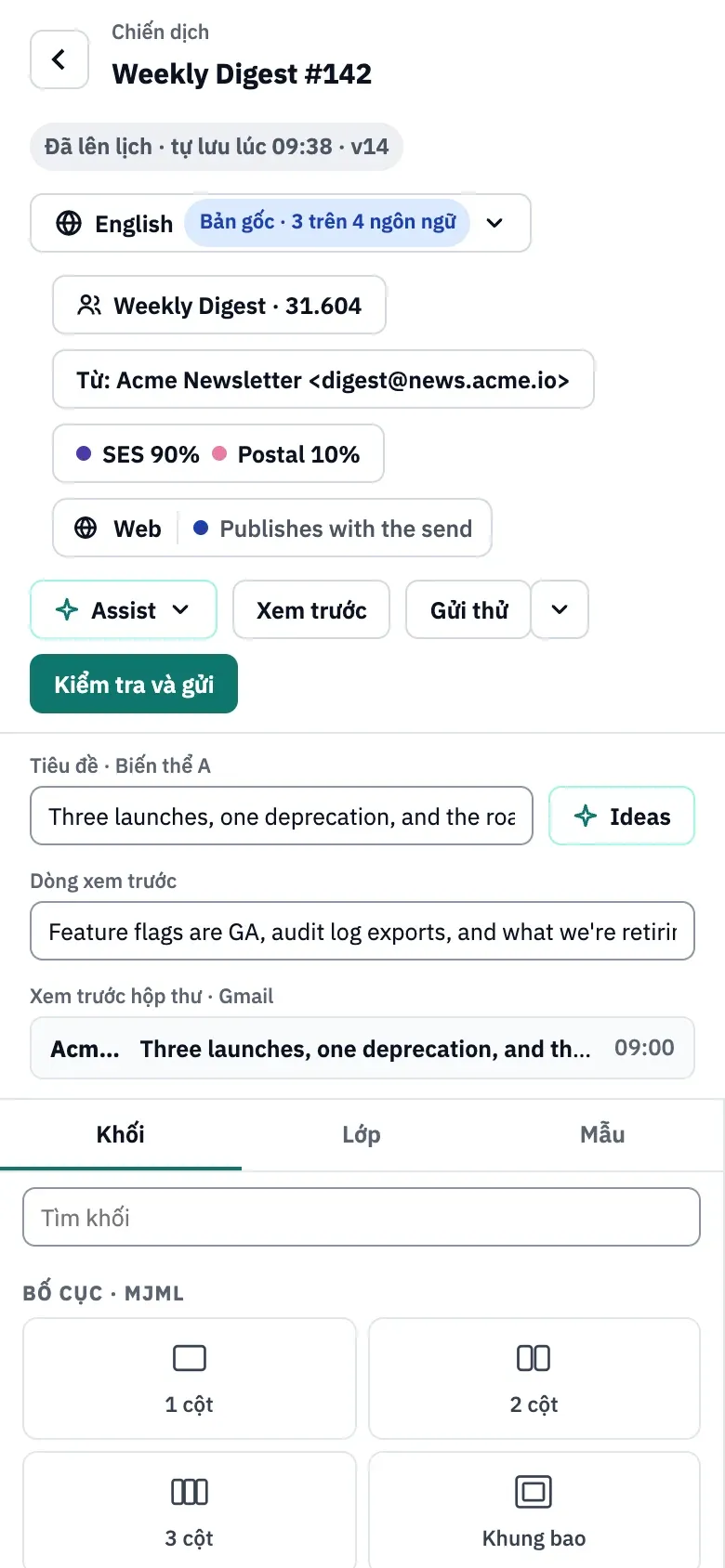 Trình soạn thảo trên điện thoại: các thao tác ở phần đầu trang chia thành hai hàng, email được thu nhỏ vừa màn hình và các bảng nằm bên dưới.
