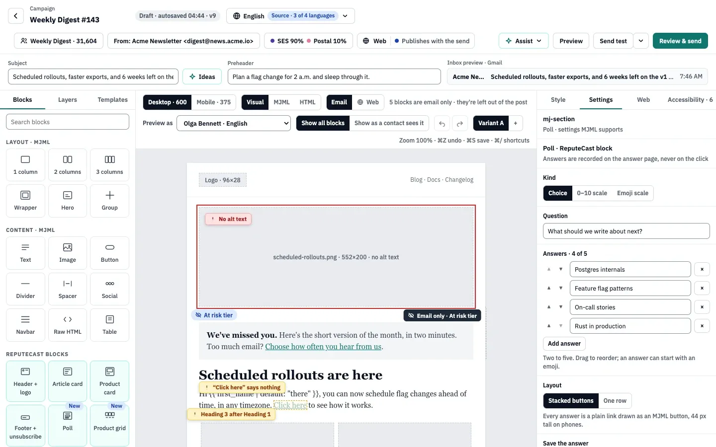 The Poll block's settings: the Choice kind, the question What should we write about next?, four answers out of five, and the Stacked buttons layout.