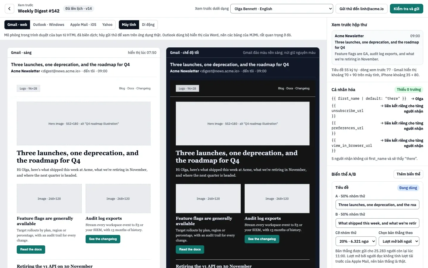 Bản xem trước: các thẻ Gmail trên web ở chế độ sáng và tối, nút chuyển ứng dụng thư và thiết bị, và bảng bên với bản xem trước hộp thư, giá trị cá nhân hóa và các biến thể A/B.