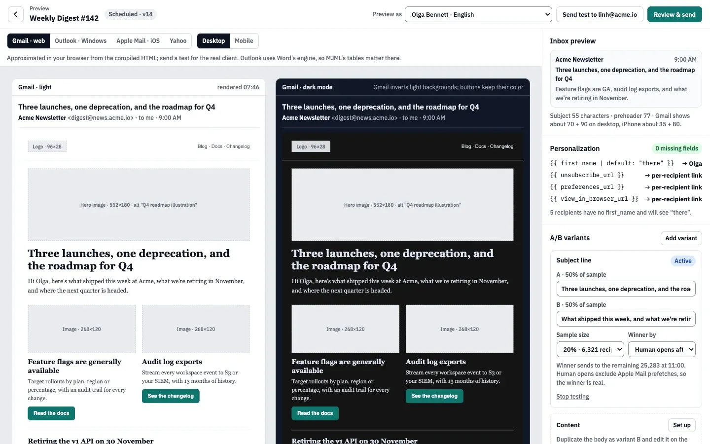 The preview: Gmail web cards in light and dark mode, the client and device switches, and the side panel with the inbox preview, personalization values and A/B variants.
