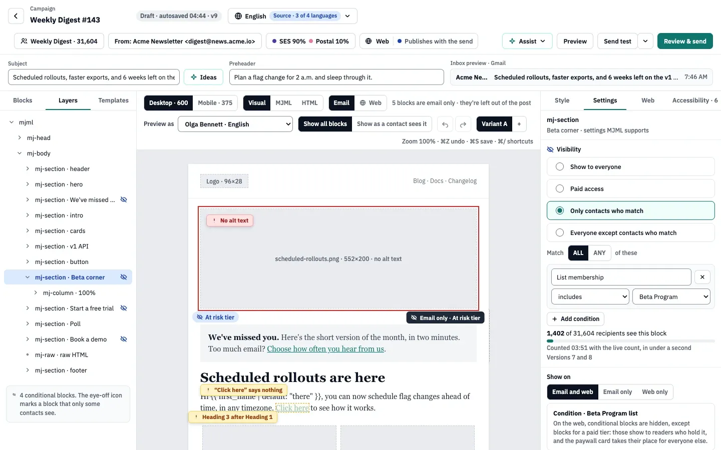 Mục Visibility của phần Beta corner: đang chọn Only contacts who match, với điều kiện List membership includes Beta Program, và dòng 1,402 of 31,604 recipients see this block. Bảng Lớp đánh dấu các phần có điều kiện bằng biểu tượng mắt gạch chéo.