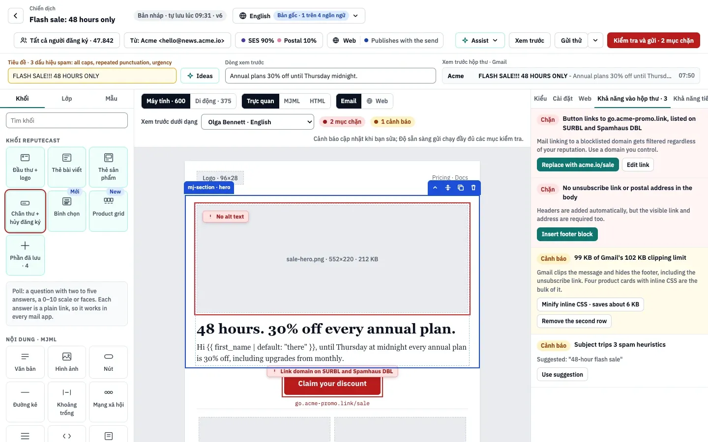 Tab Khả năng vào hộp thư của một email khuyến mãi với hai mục Chặn (một nút liên kết đến tên miền bị liệt kê trên SURBL và Spamhaus DBL, và không có liên kết hủy đăng ký hay địa chỉ bưu chính) và hai cảnh báo (99 KB so với giới hạn 102 KB của Gmail, và tiêu đề mắc 3 dấu hiệu spam), mỗi mục kèm các nút sửa.