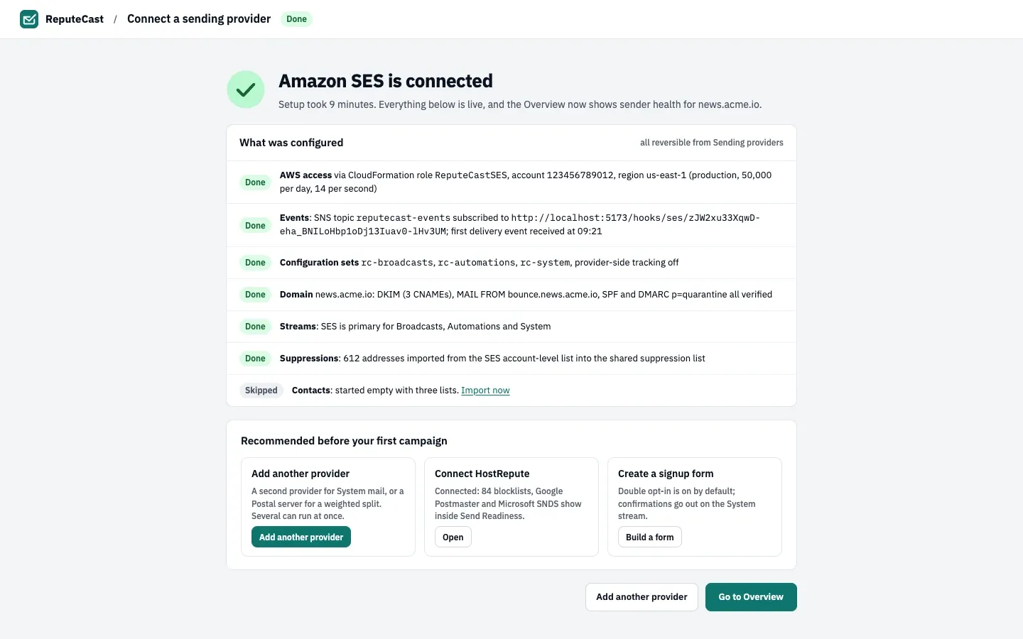 The setup summary: Amazon SES is connected, with the AWS access, events, configuration sets, domain, streams and imported suppressions it set up, and three recommended next steps.