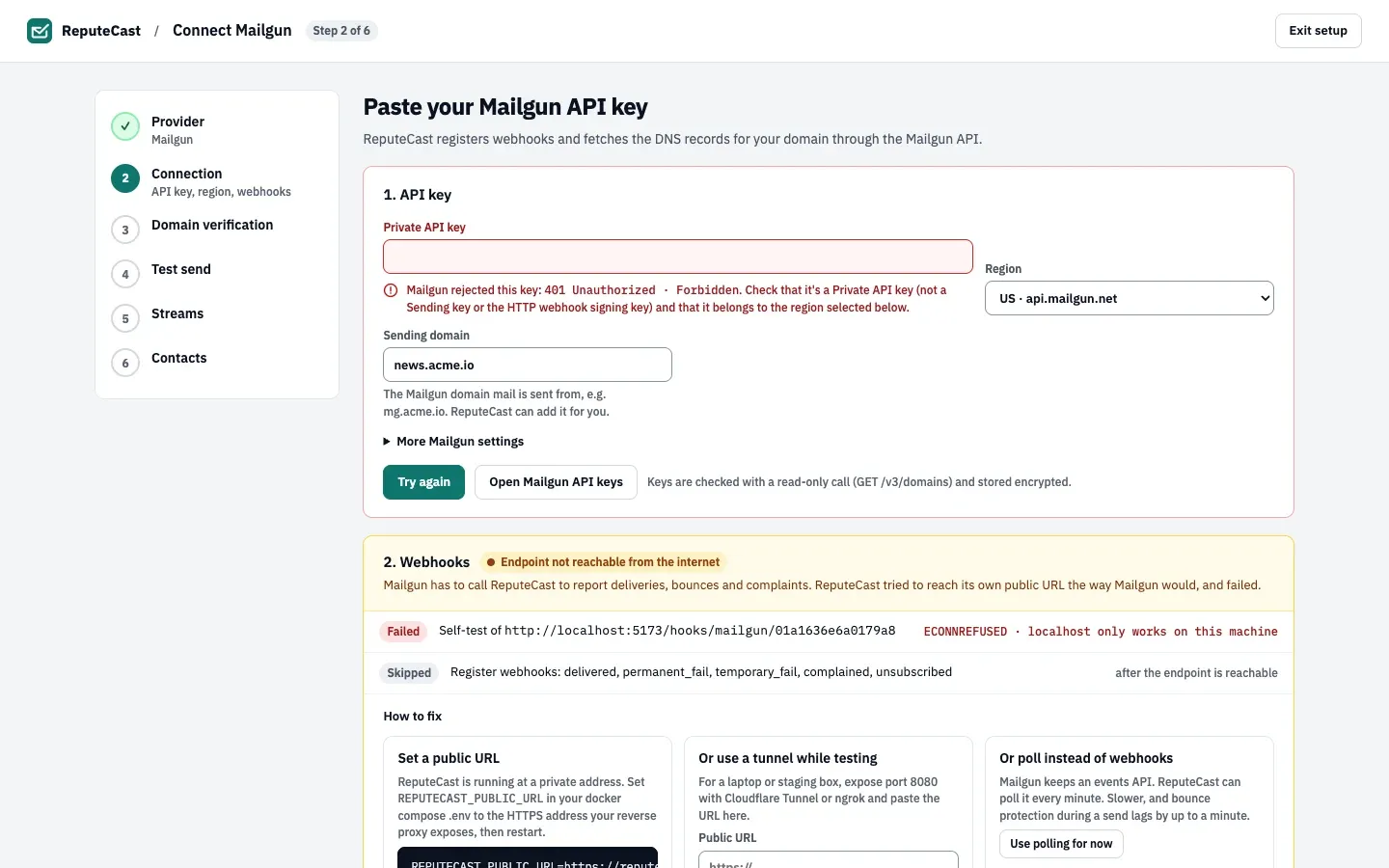 A failed Mailgun connection: the Private API key was rejected with 401 Unauthorized, and the webhook self-test failed because ReputeCast runs on localhost, with three ways to fix it.
