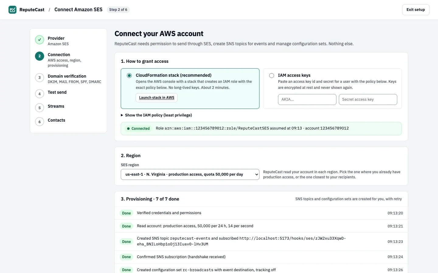 The Amazon SES connection step: CloudFormation stack chosen, the role assumed, region us-east-1 with production access, and the provisioning rows marked Done.