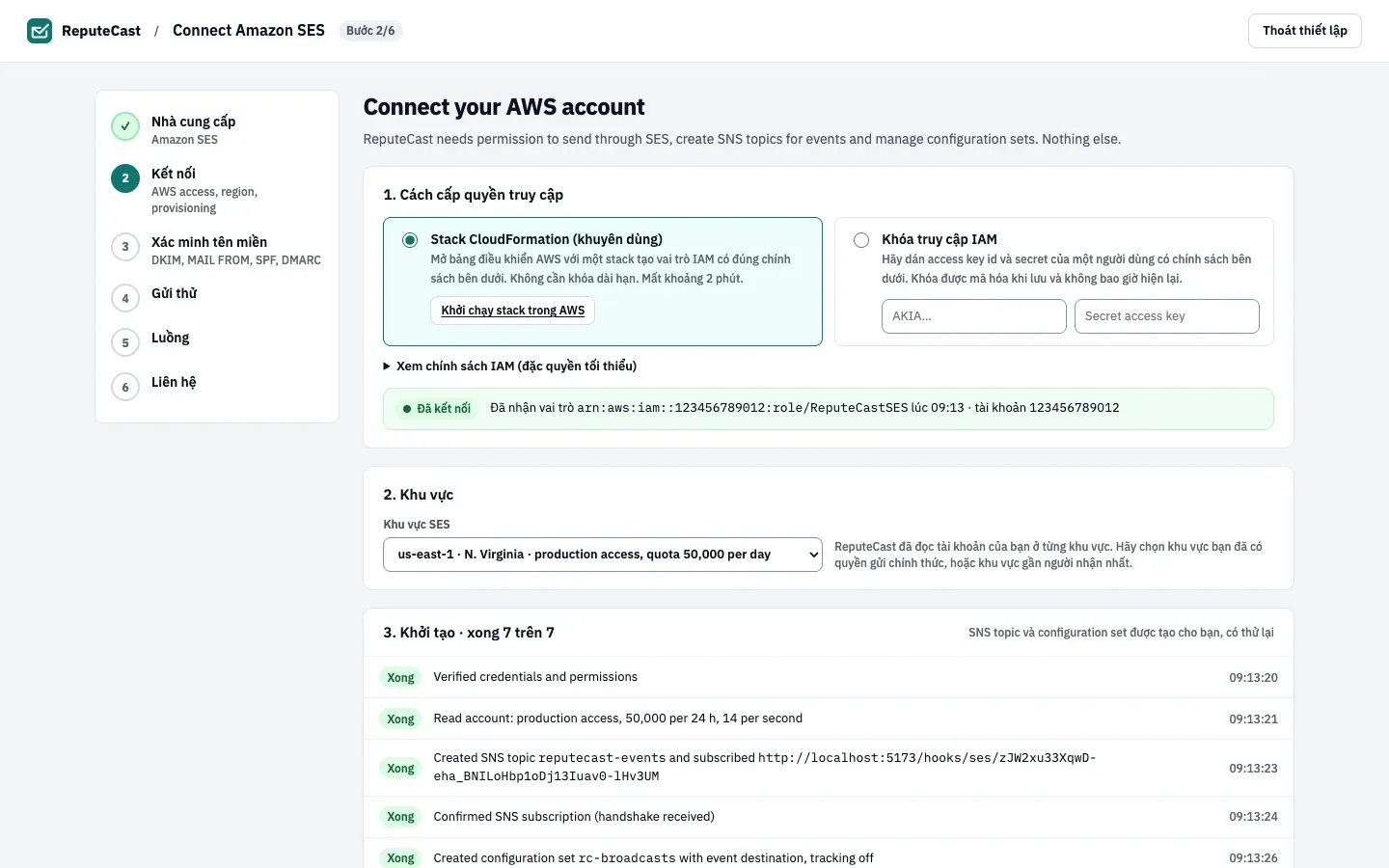 Bước kết nối cho Amazon SES: cấp quyền truy cập AWS bằng CloudFormation stack hoặc IAM access key, chọn khu vực SES, và khởi tạo SNS topic cùng configuration set.