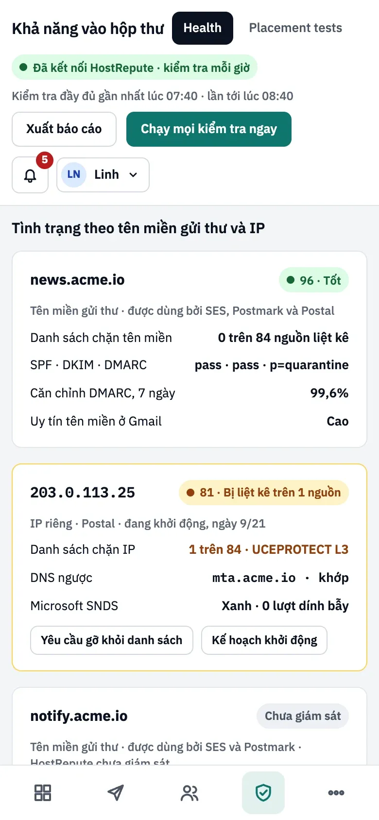Tình trạng khả năng vào hộp thư trên điện thoại: huy hiệu HostRepute cùng các nút Xuất báo cáo và Chạy mọi kiểm tra ngay nằm phía trên các thẻ tên miền và IP, tab Khả năng vào hộp thư được chọn ở thanh tab dưới cùng.