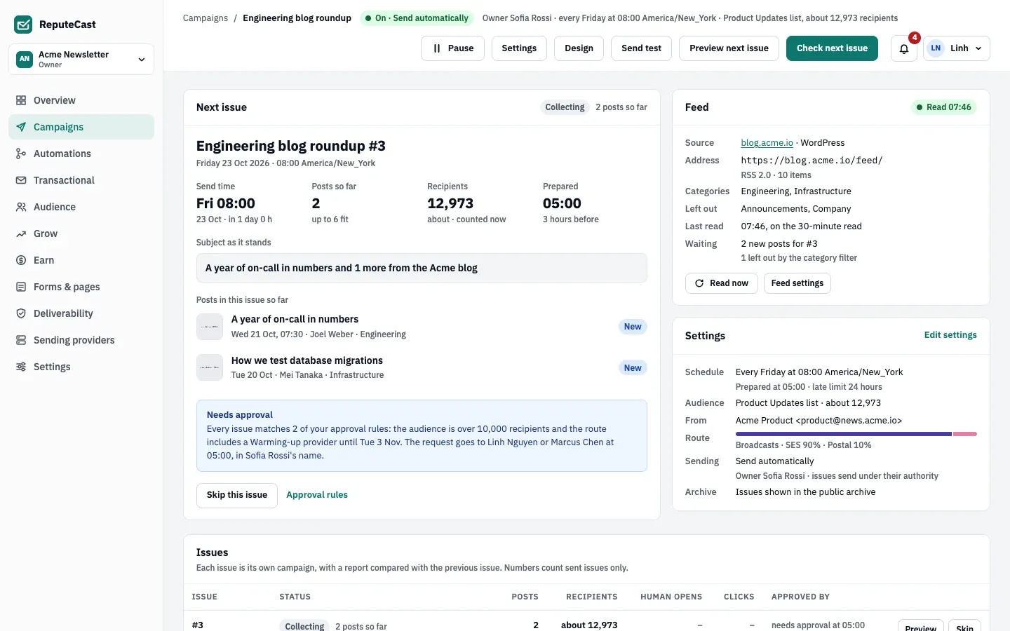 The Engineering blog roundup digest, on in Send automatically mode: issue #3 is collecting with 2 posts for Friday 08:00, prepared 3 hours before, and needs approval because the audience is over 10,000 and the route includes a warming-up provider.