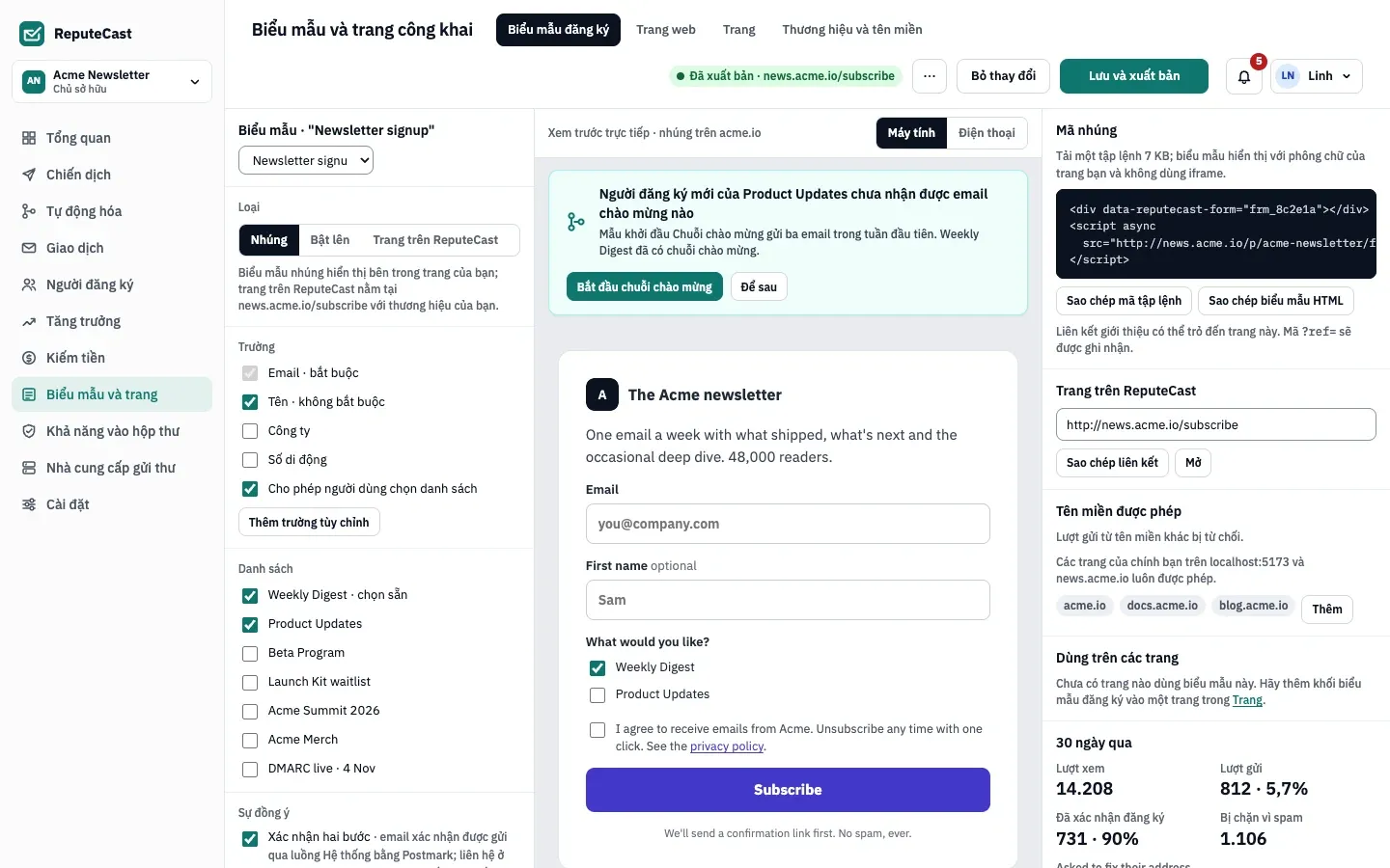 Trình tạo biểu mẫu đăng ký cho Newsletter signup: trường, danh sách, sự đồng ý và chống spam ở bên trái, bản xem trước trực tiếp ở giữa, còn mã nhúng, trang trên ReputeCast, tên miền được phép và số liệu 30 ngày qua ở bên phải.