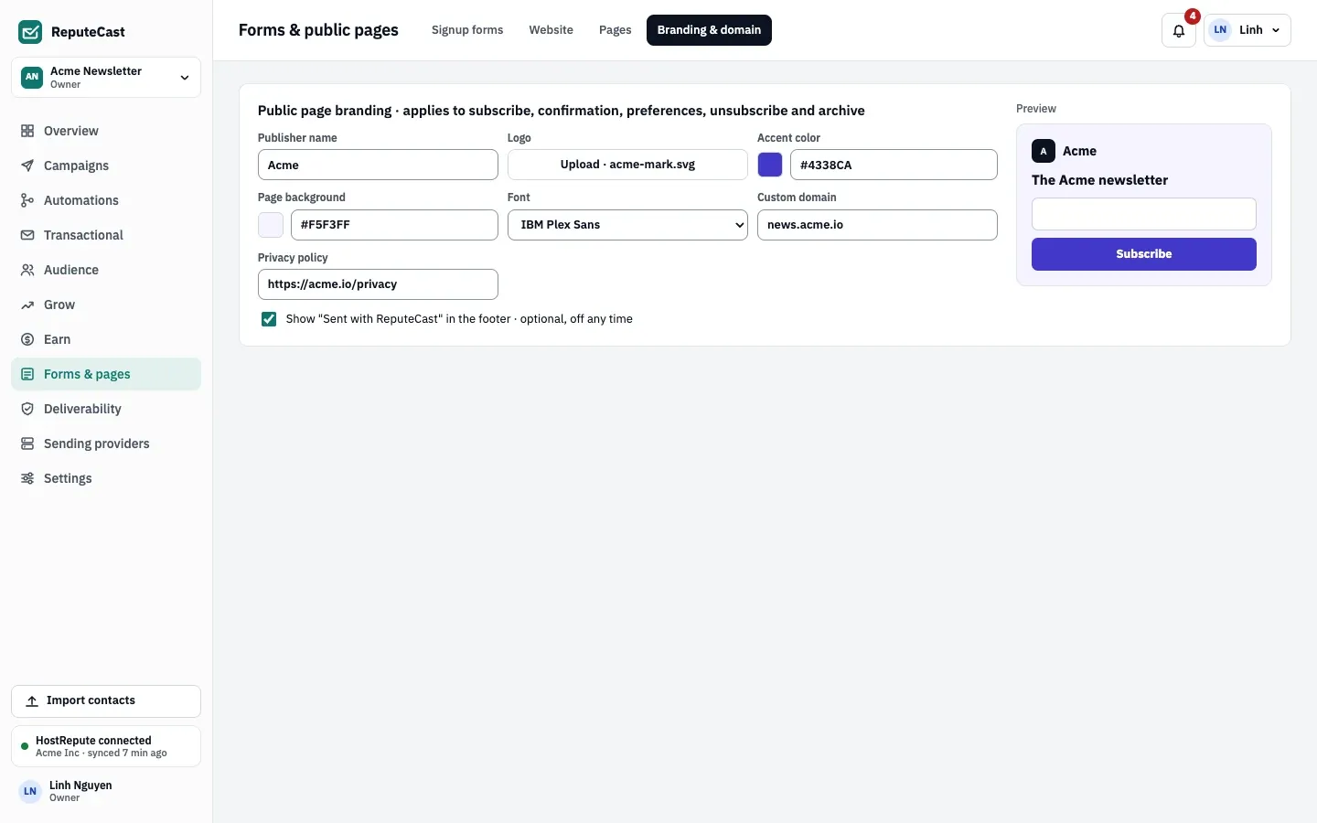 The Branding & domain tab with the publisher name, logo, accent color, page background, font, custom domain and privacy policy on the left, and a preview of the subscribe page on the right.
