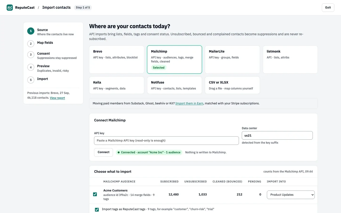 Step 1 of 5, Source: tiles for Brevo, Mailchimp, MailerLite, listmonk, Keila, Notifuse and CSV or XLSX, with a table that sends each source list to a ReputeCast list.