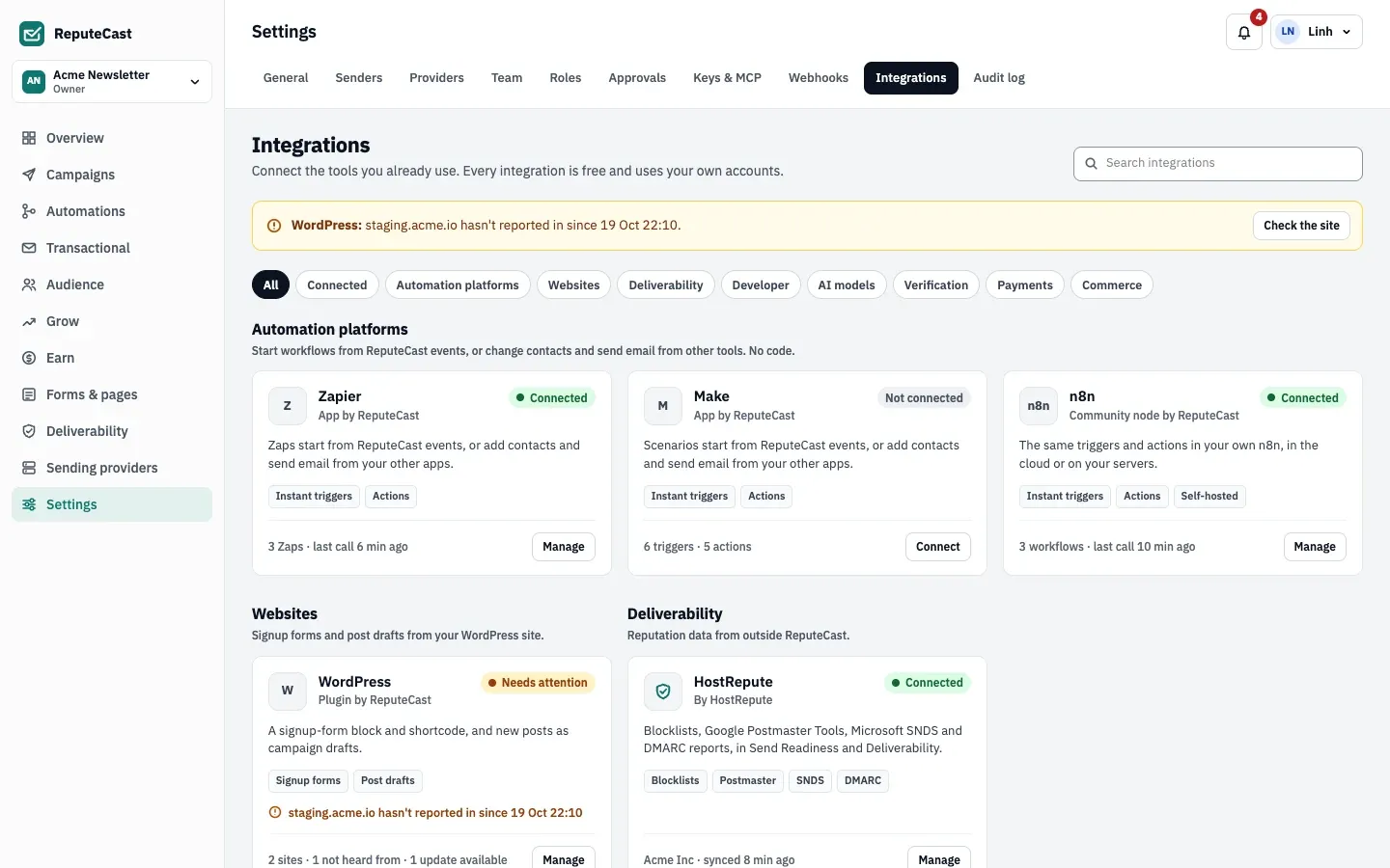The Integrations catalog: filters by group, and cards for Zapier, Make and n8n with their status, calls and last call, a WordPress card that needs attention because a site stopped reporting, and HostRepute.
