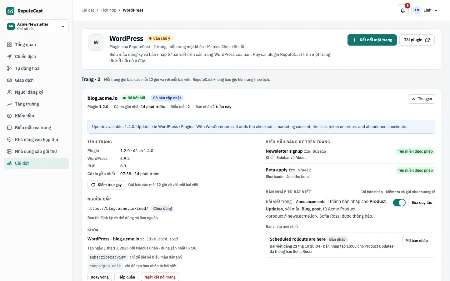 Trang WordPress trong ReputeCast: các trang đã kết nối với phiên bản plugin, lần gửi báo cáo gần nhất của từng trang, các biểu mẫu dùng trên trang và bản nháp từ bài viết, và một trang gần đây không gửi báo cáo.