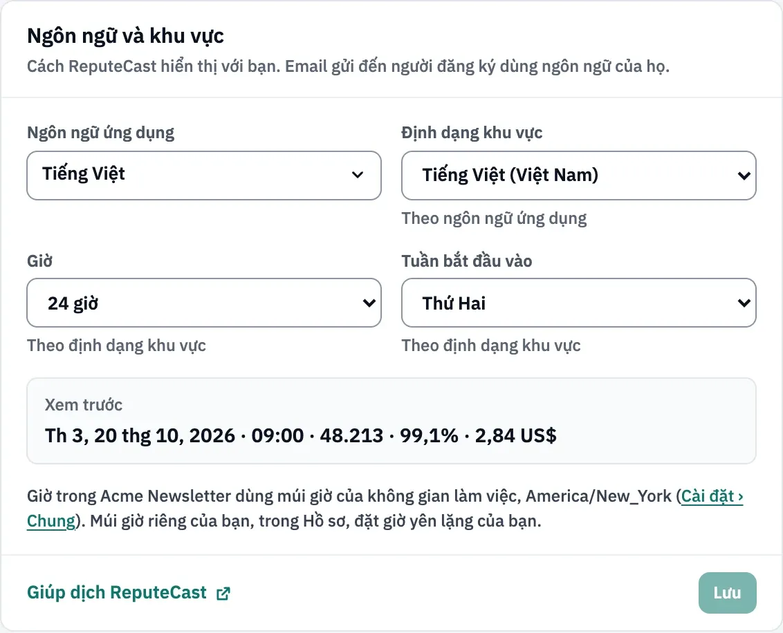 Thẻ Ngôn ngữ và khu vực: ngôn ngữ ứng dụng đang chọn, định dạng khu vực ReputeCast standard theo ngôn ngữ ứng dụng, giờ 24 giờ và tuần bắt đầu vào Thứ Hai, cùng dòng xem trước một ngày, giờ, số, tỷ lệ phần trăm và số tiền.