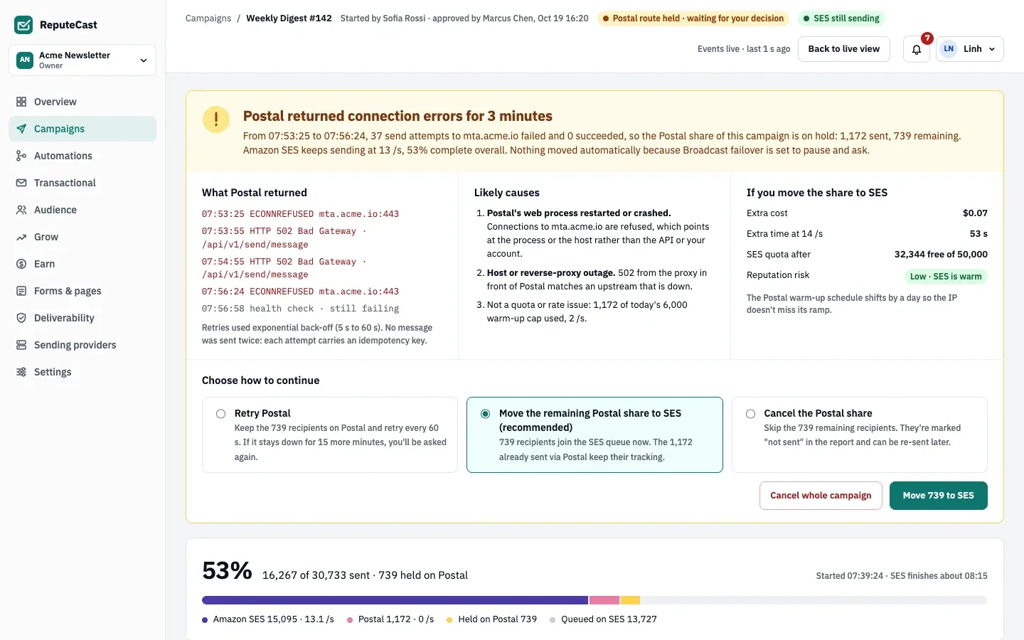 Postal returned connection errors for 3 minutes, so its share is on hold with 739 recipients remaining while Amazon SES keeps sending. Moving the share to SES costs $0.07 extra, adds 53 seconds and has low reputation risk.