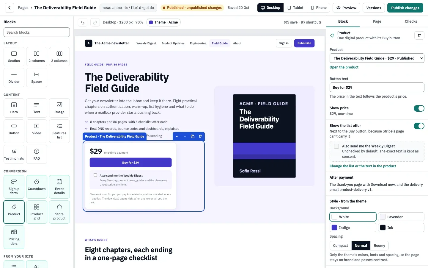 Trình tạo trang với trang bán hàng Deliverability Field Guide: các khối ở bên trái, phần hero có nút Buy for $29 ở giữa, và cài đặt của khối Product ở bên phải.