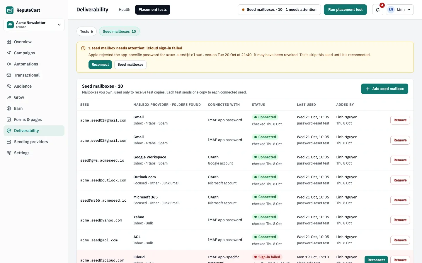 Seed mailboxes · 10: seeds at Gmail, Google Workspace, Outlook.com, Microsoft 365, Yahoo, AOL and iCloud, each with the folders found, IMAP app password or OAuth, and its status. The iCloud seed's sign-in failed and needs reconnecting.