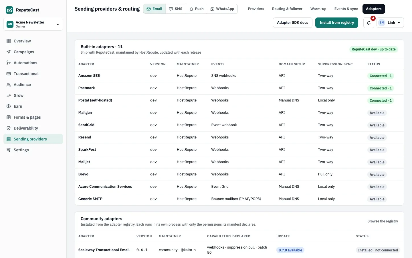 The Adapters tab lists 11 built-in adapters, from Amazon SES to Generic SMTP, with version, maintainer, events, domain setup, suppression sync and status, and below them community adapters such as Scaleway Transactional Email 0.6.1 with an update available.