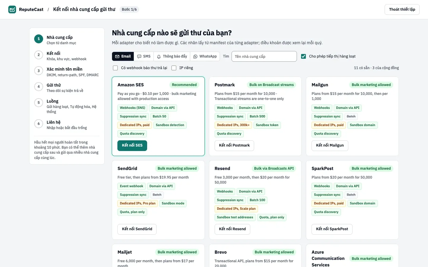 Danh mục nhà cung cấp với Amazon SES, Postmark, Mailgun, SendGrid và các nhà cung cấp khác, mỗi nhà cung cấp có huy hiệu khả năng và nút Kết nối.