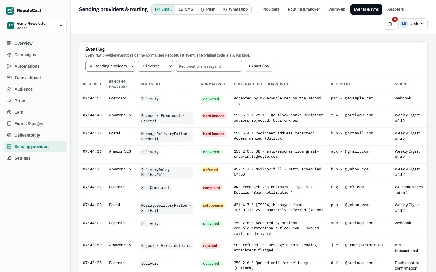 The event log: raw events from Postmark, Amazon SES and Postal next to their normalized types (delivered, hard bounce, deferred, complaint, soft bounce, rejected), each with its original SMTP code and diagnostic.