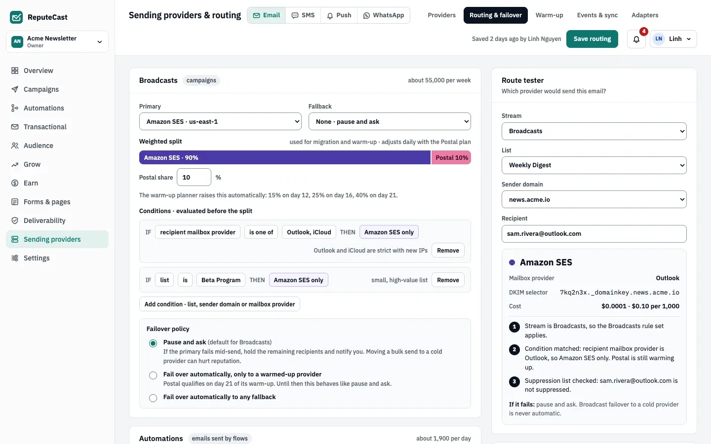 Routing and failover for Broadcasts: Amazon SES as primary with a 90/10 weighted split to Postal, two conditions, the failover policy set to pause and ask, and the route tester answering Amazon SES for an Outlook address.
