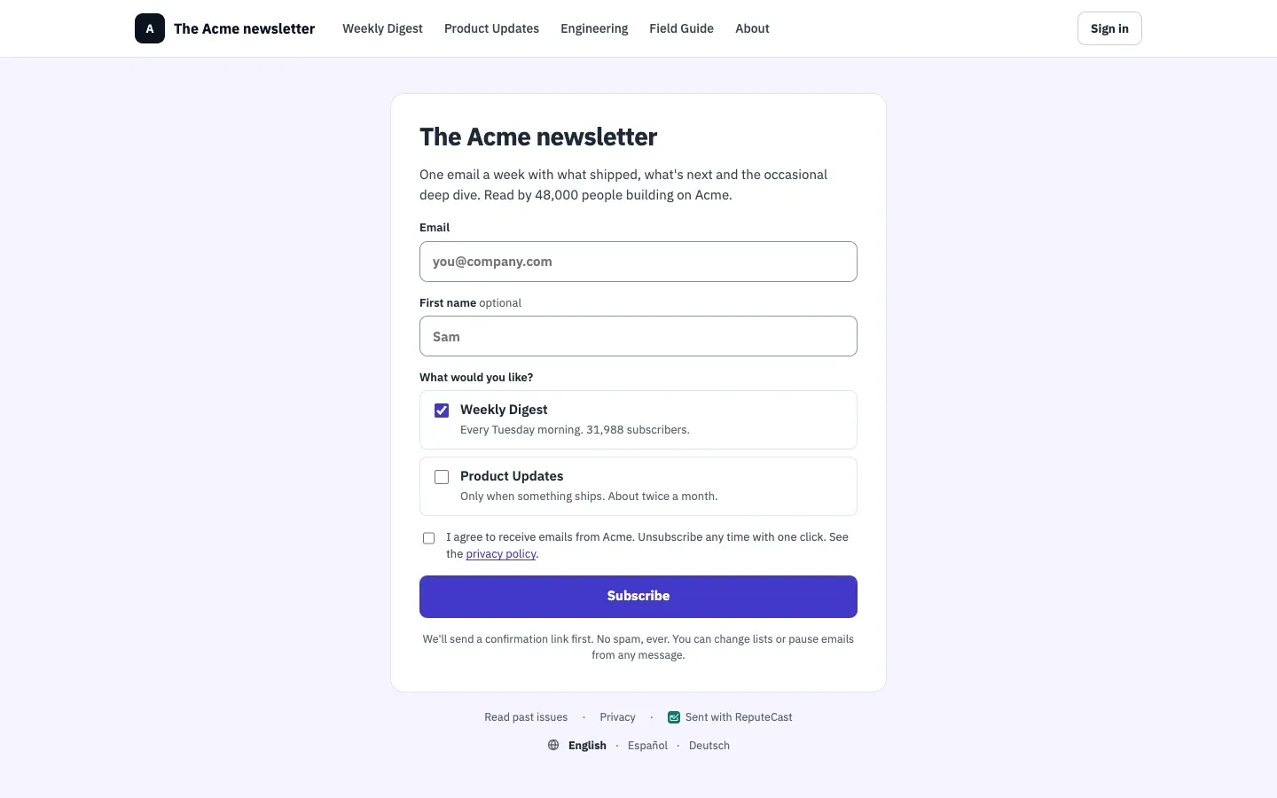 Trang đăng ký công khai của bản tin Acme: một đề mục, ô email với nút Subscribe, lựa chọn giữa Weekly Digest và Product Updates, và nội dung đồng ý.