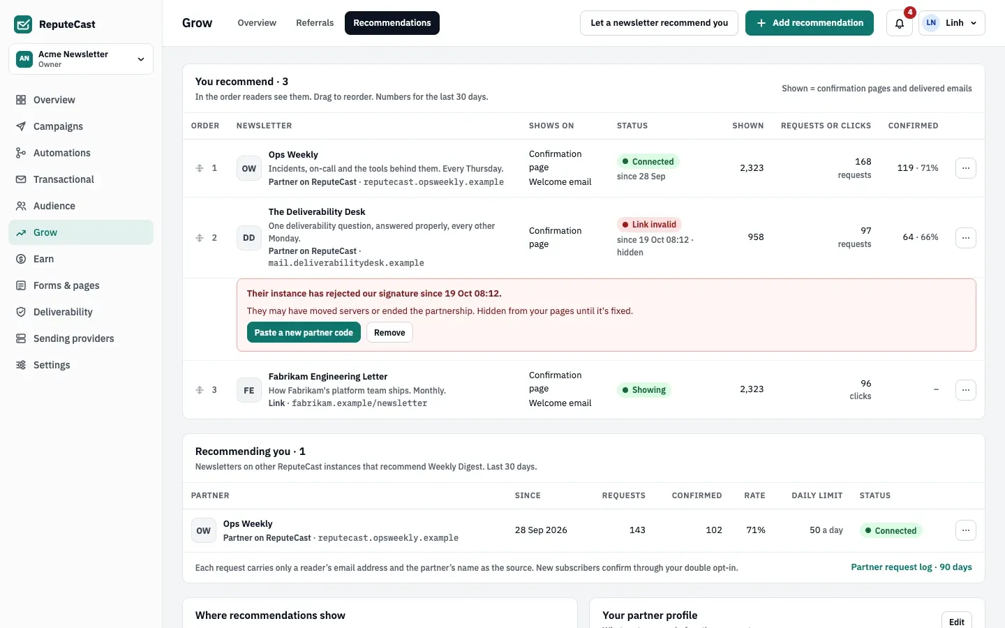 Grow › Recommendations: three newsletters you recommend with where each shows, status, shown, requests or clicks and confirmed, a partner link marked Link invalid, and one partner recommending you at 50 requests a day.