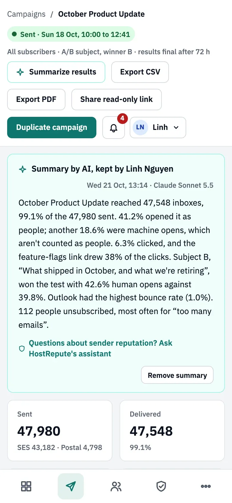 The report on a phone: the Sent status line, buttons to summarize, export and share, a kept AI summary of the results, and the Sent and Delivered tiles, with the app's bottom navigation bar.