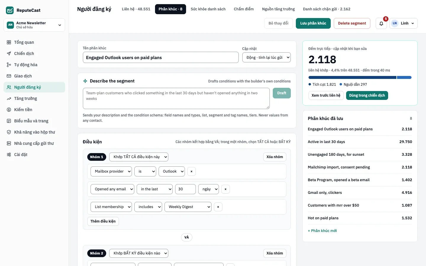 Phân khúc tên Engaged Outlook users on paid plans: Nhóm 1 khớp tất cả các điều kiện nhà cung cấp hộp thư Outlook, đã mở bất kỳ email nào trong 30 ngày qua và danh sách Weekly Digest; số lượng trực tiếp là 2.118 liên hệ, chiếm 4,4% không gian làm việc.