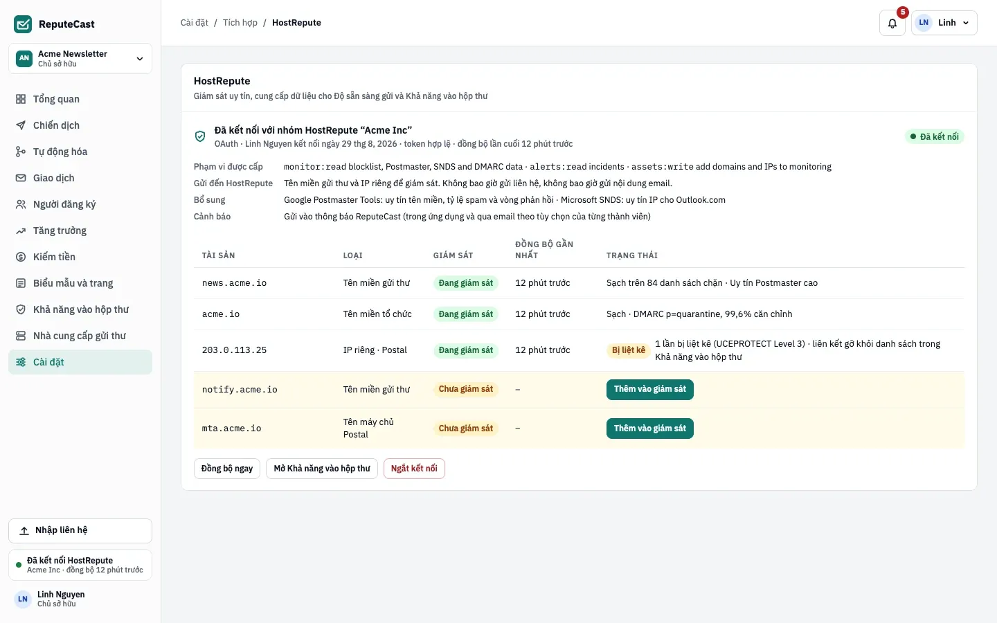 Tích hợp HostRepute trong Cài đặt, đã kết nối bằng OAuth với nhóm Acme Inc: các phạm vi được cấp, những gì được gửi đến HostRepute và cách cảnh báo được gửi đến, rồi năm tài sản. Ba tài sản đang được giám sát, một trong số đó bị liệt kê trên UCEPROTECT Level 3, và hai tài sản đang chờ Thêm vào giám sát.