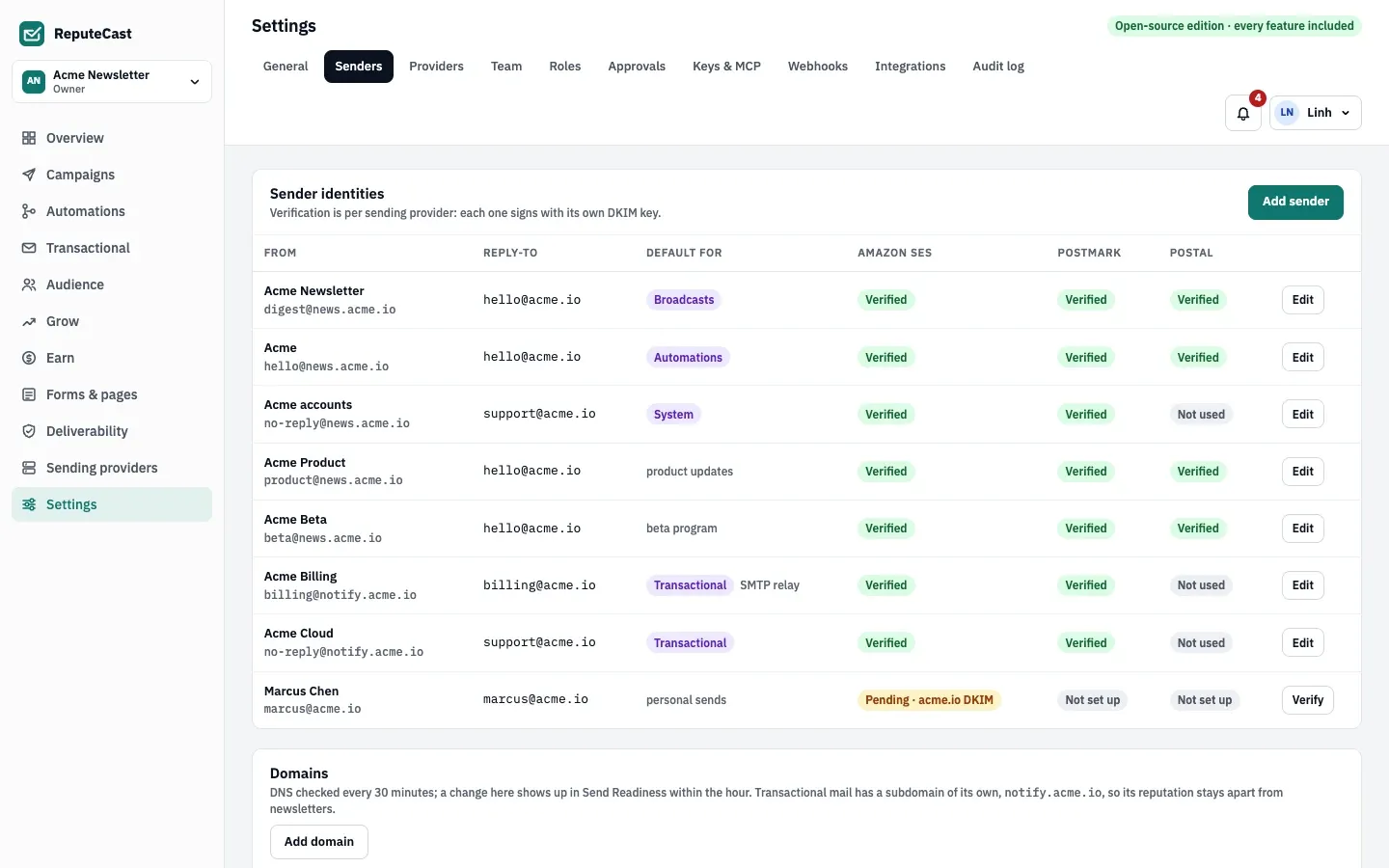 Sender identities of the Acme Newsletter workspace: each From address with its reply-to, the streams it is the default for, and its status at Amazon SES, Postmark and Postal; one sender is Pending on its acme.io DKIM record and shows a Verify button.