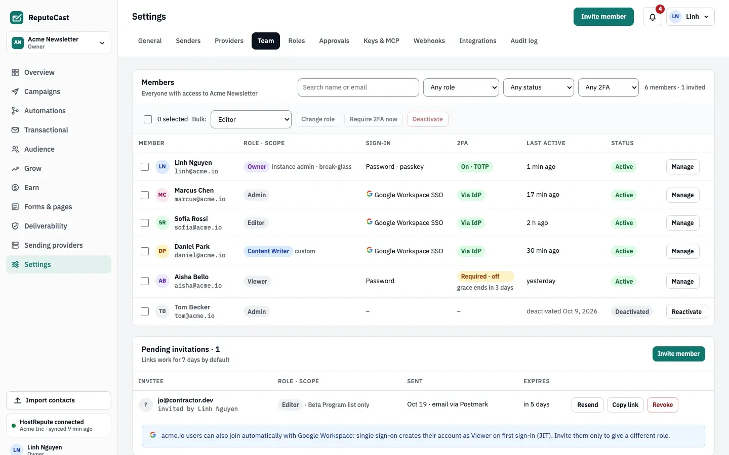 The Team page for an Owner: filters, the bulk bar, six members with role, sign-in method, two-factor status and last activity, and one pending invitation with Resend, Copy link and Revoke.