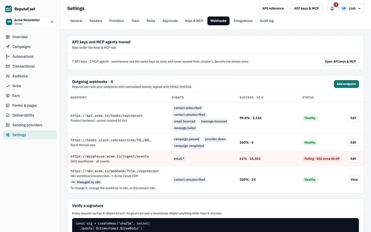 Settings, Webhooks tab: four outgoing webhook endpoints with their events, 24-hour success rate and status. A data warehouse endpoint subscribed to email.* is failing with HTTP 502, and an n8n endpoint is marked Managed by n8n. Below, the Verify a signature card.