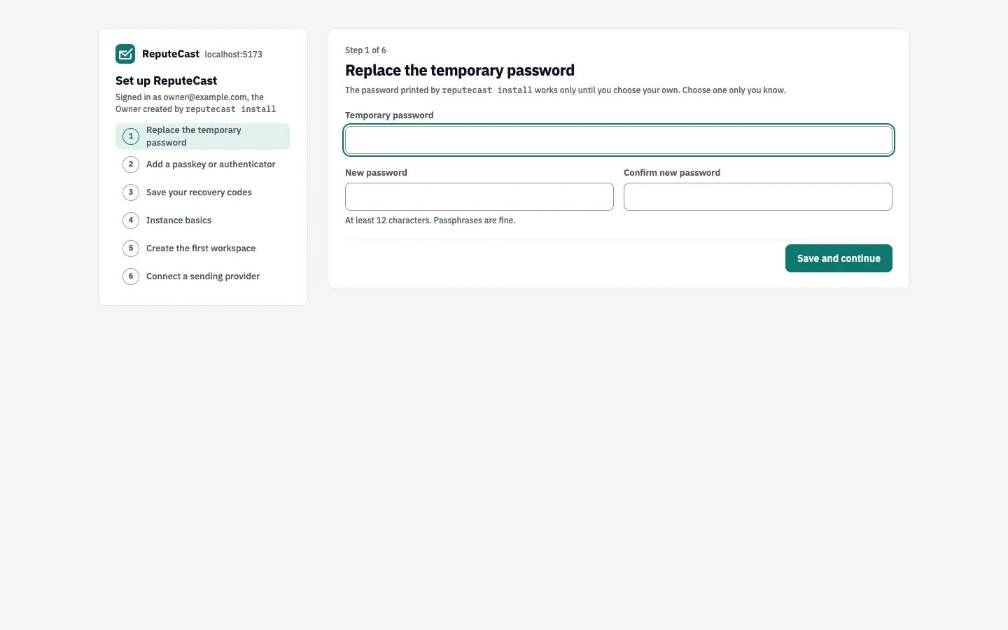 Step 1 of 6 of the setup: replace the temporary password, with the remaining steps listed on the left.