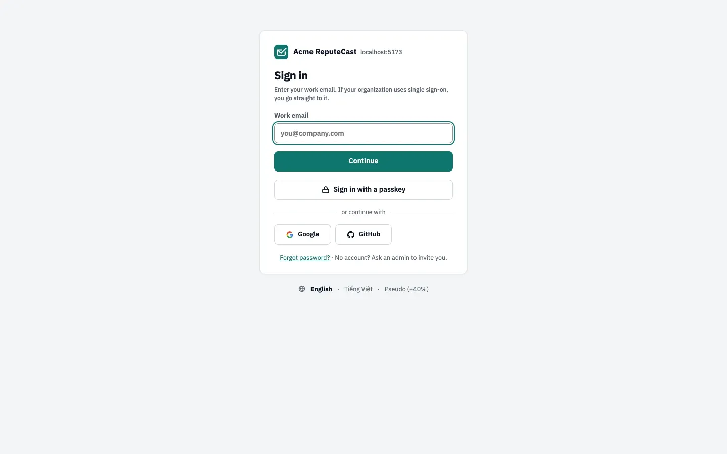 The ReputeCast sign-in page asks for a work email first, with a passkey sign-in below.