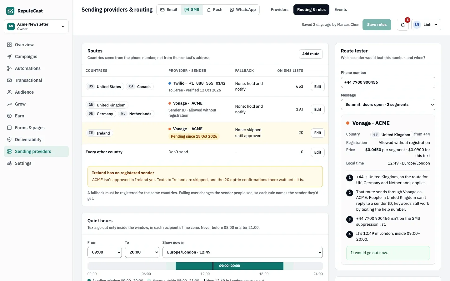 Routing & rules: routes for the US and Canada through a Twilio toll-free number and for Europe through a Vonage sender ID, every other country set to Don't send, quiet hours 09:00–20:00, and the route tester.