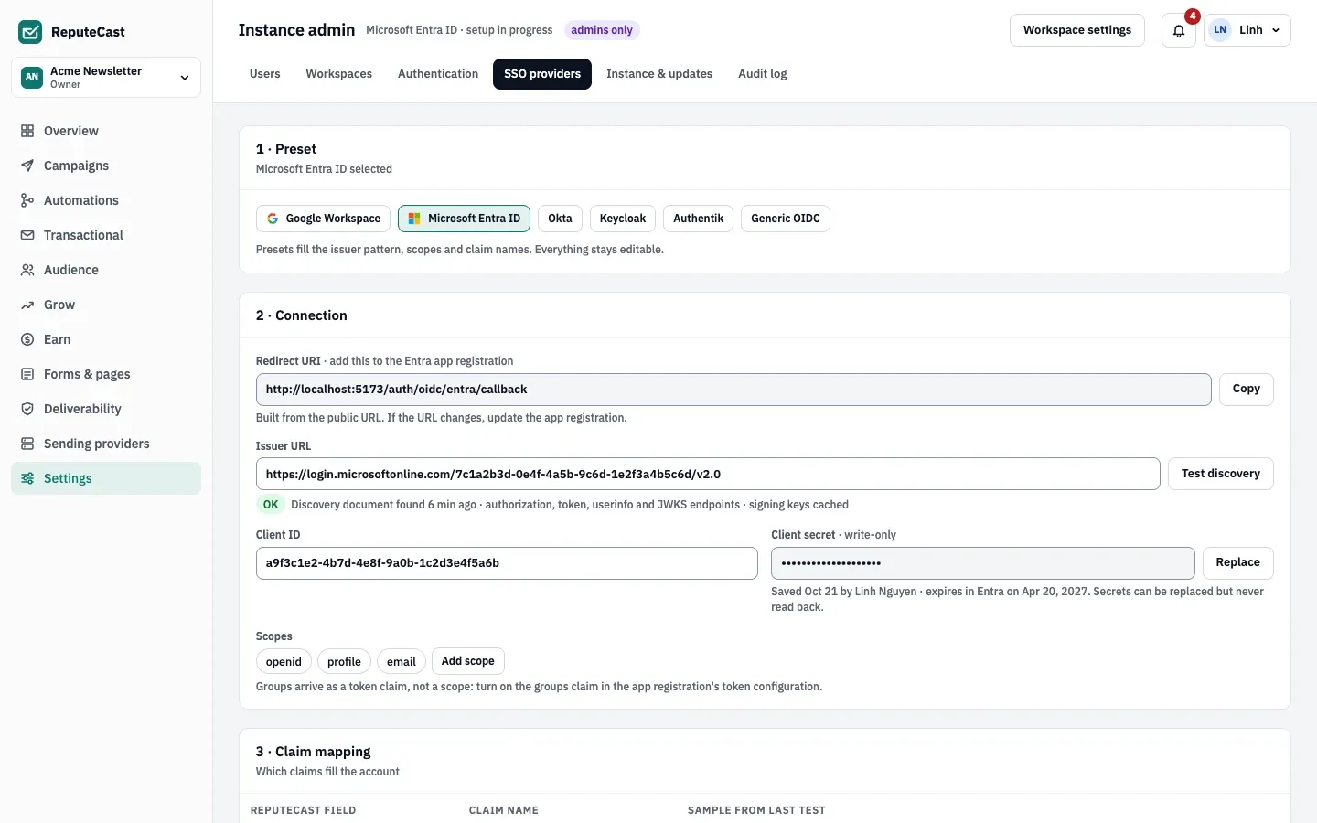 Setting up Microsoft Entra ID: the preset row, then the Connection card with the redirect URI to copy, the issuer URL after a successful discovery test, the client ID, the saved write-only client secret and the scopes.
