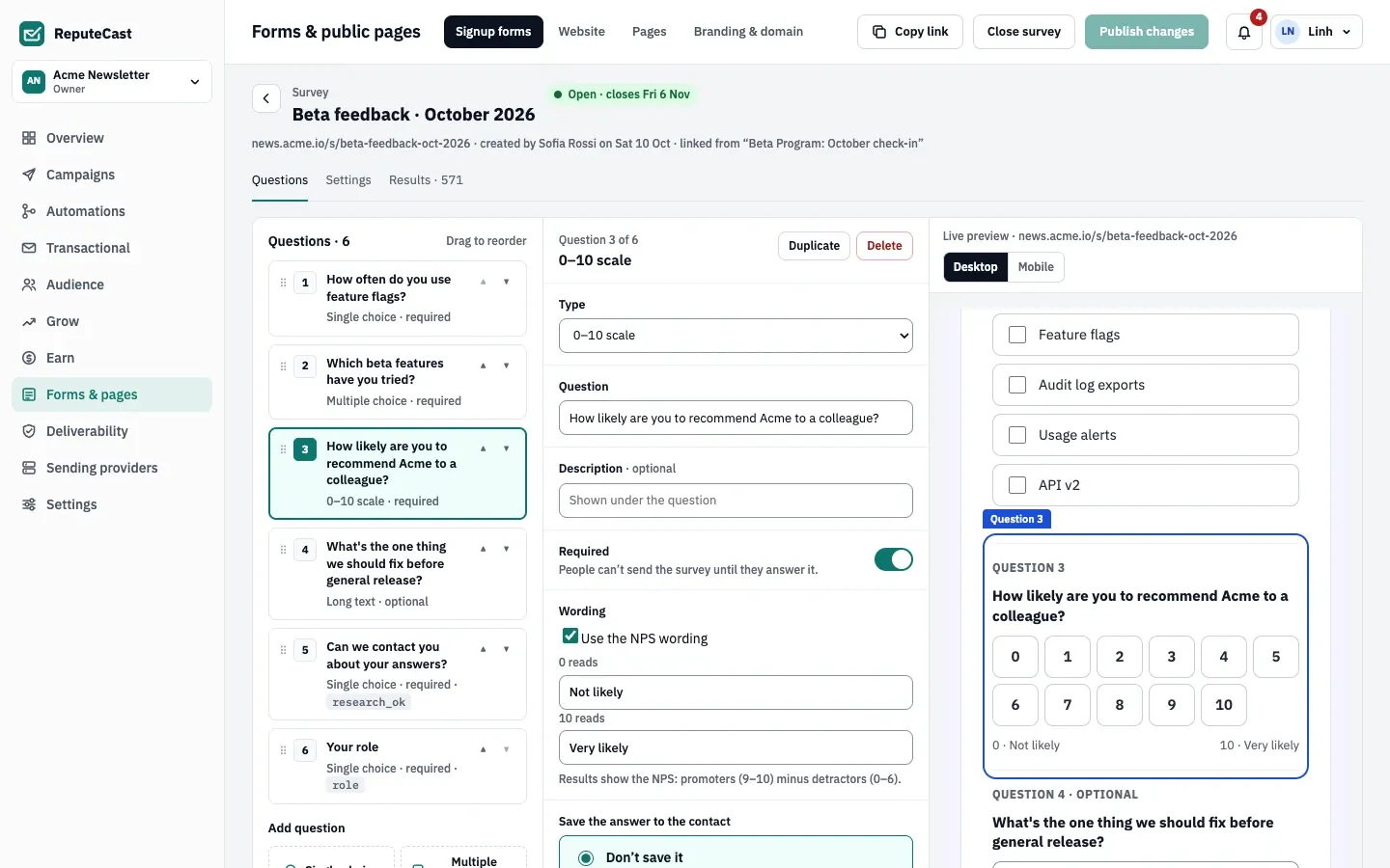 The survey builder for Beta feedback · October 2026: six questions on the left, question 3 (a 0–10 scale) being edited in the middle, and a live preview of the survey page on the right.