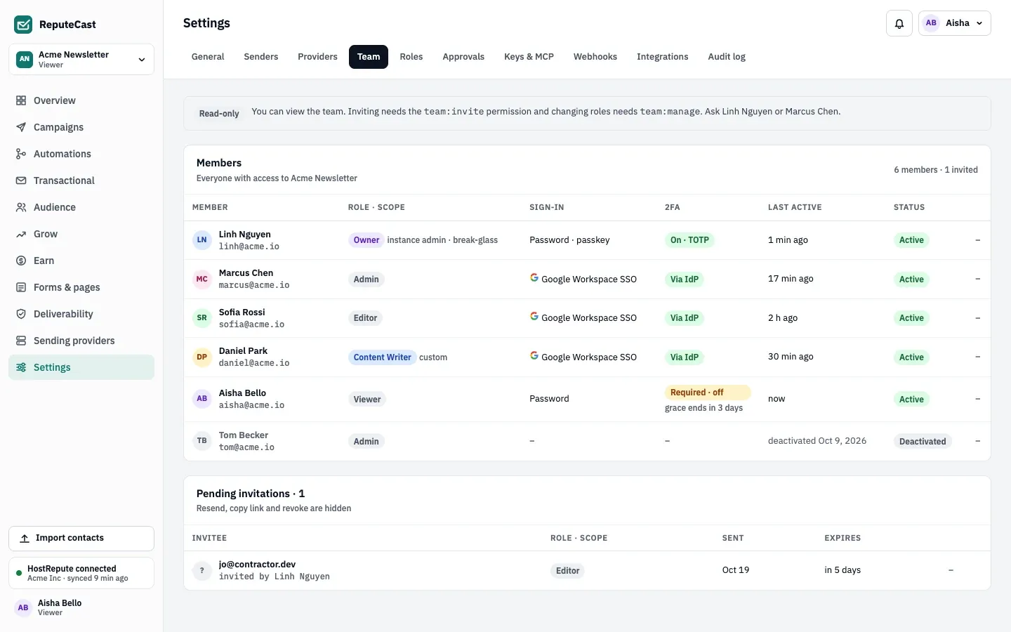 The Team page for a Viewer: a Read-only note names who can change roles, and there is no invite button, filter row, bulk bar or row action.