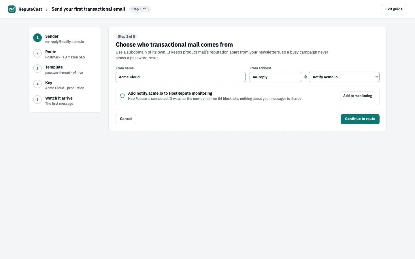 Bước 1/5 của hướng dẫn gửi lần đầu: From name là Acme Cloud và From address là no-reply@notify.acme.io, với năm bước được liệt kê ở bên trái.