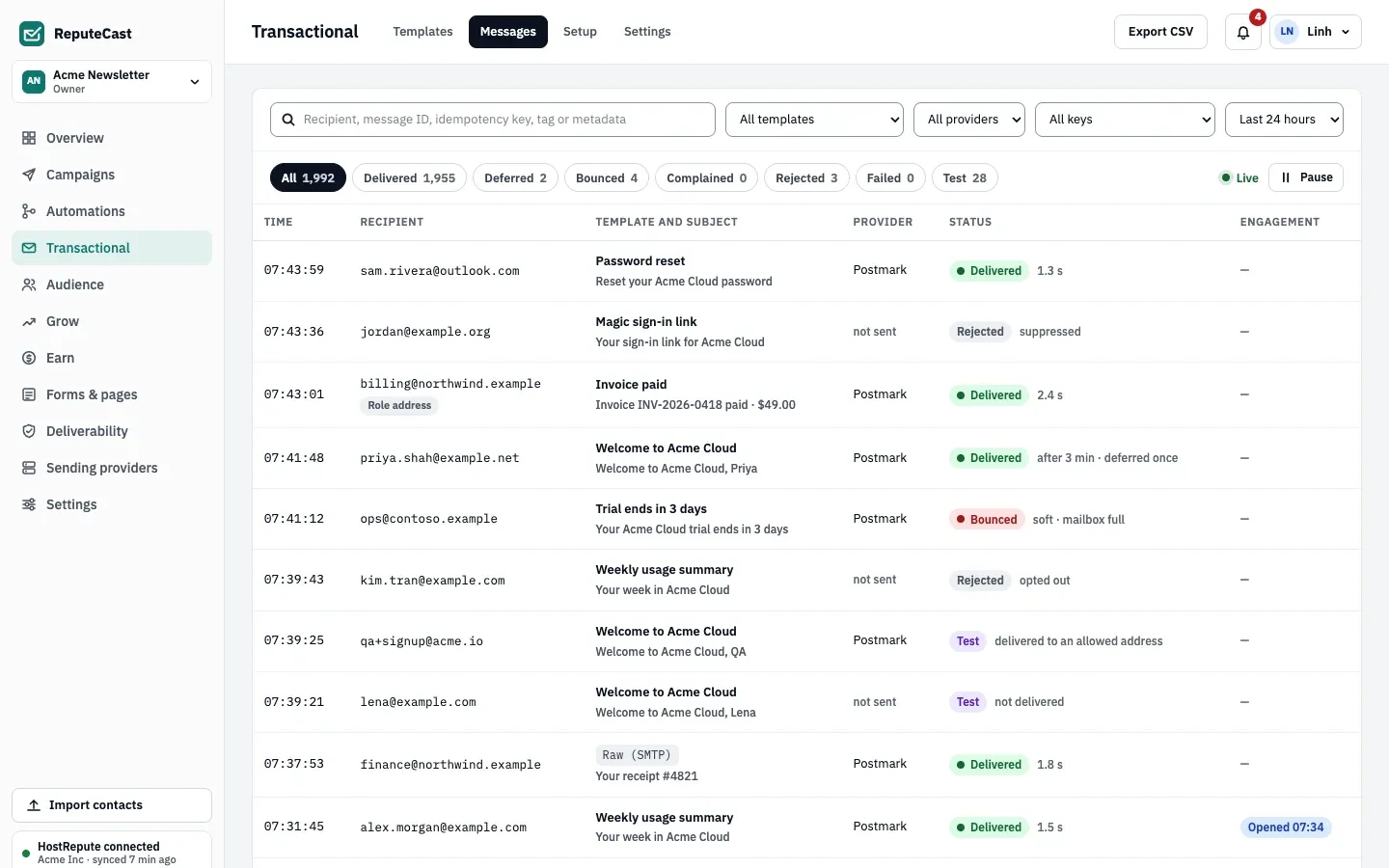 The transactional message log: 1,992 messages in the last 24 hours with status chips, and rows showing recipient, template and subject, sending provider, status and engagement.