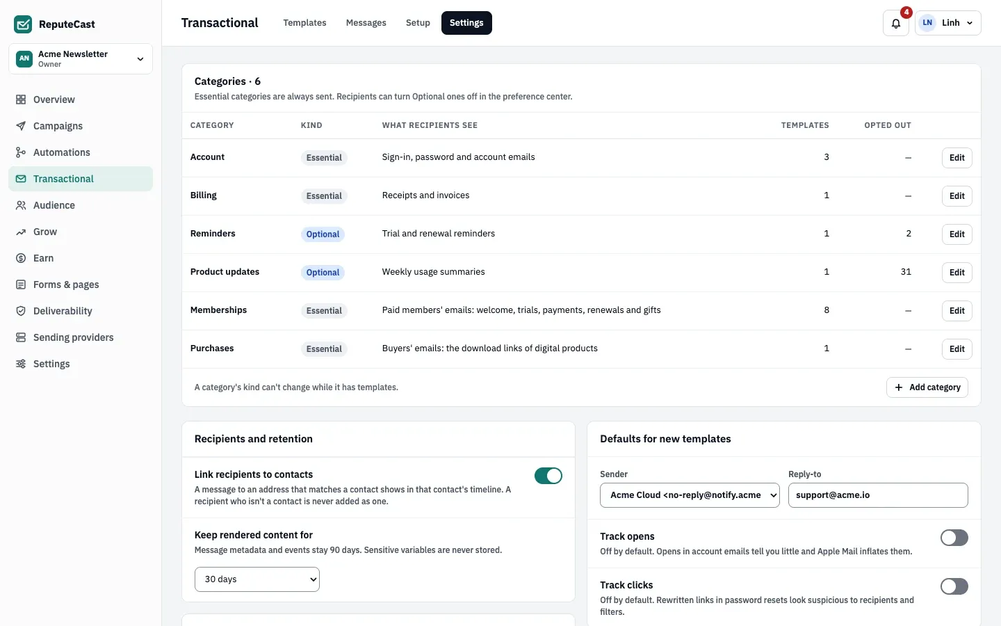 Transactional Settings: the Categories table with Essential and Optional categories and their opt-out counts, Recipients and retention, and Delivery alerts with their limits.