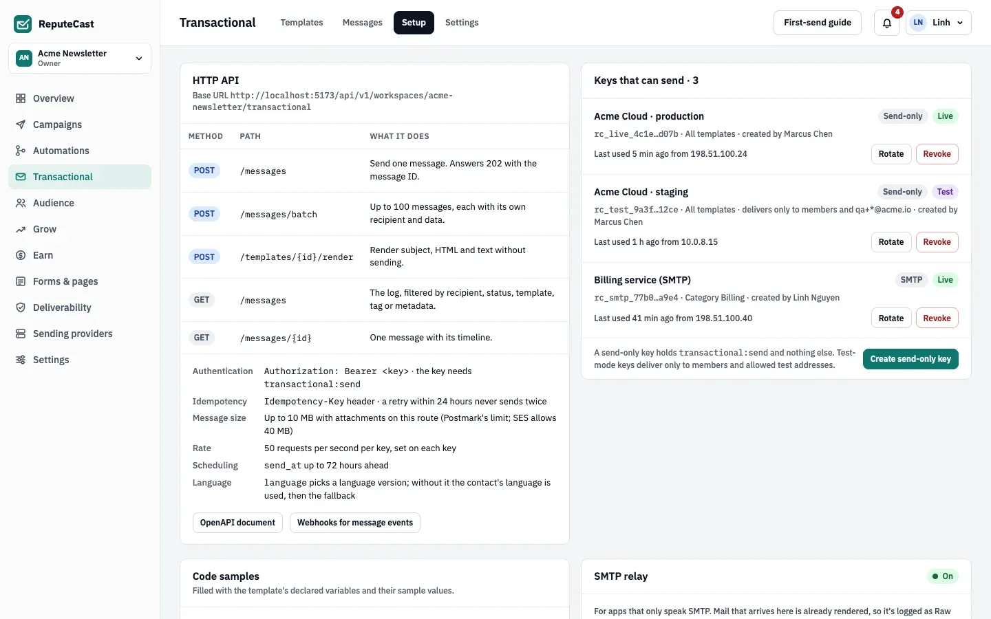 Transactional Setup lists the HTTP API's paths, the authentication, idempotency, size, rate and scheduling rules, and the three keys that can send: a live send-only key, a test-mode key and an SMTP credential.