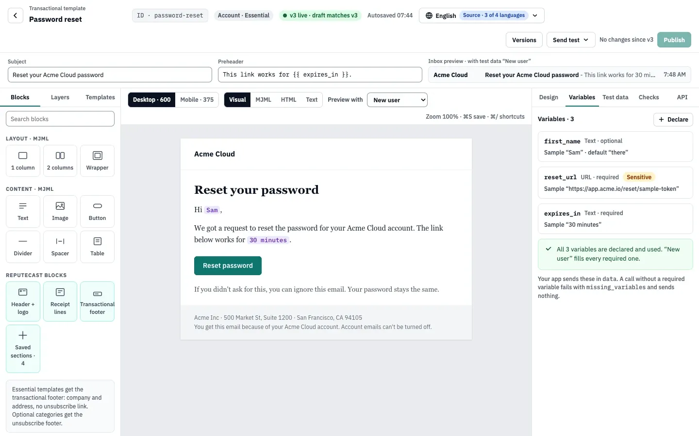 Mẫu Password reset trong trình soạn thảo: ID password-reset, danh mục Account · Essential, v3 đang chạy, và ba biến đã khai báo trong tab Variables, một biến được đánh dấu Sensitive.